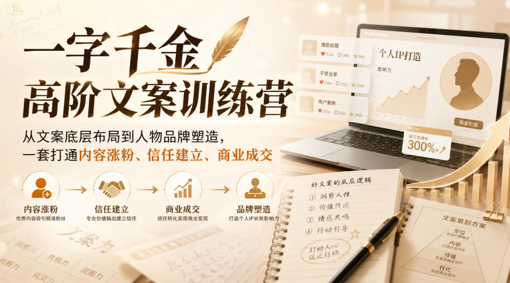一字千金高阶文案训练营，从文案底层布局到人物品牌塑造，一套打通内容涨粉、信任建立、商业成交-网赚36计