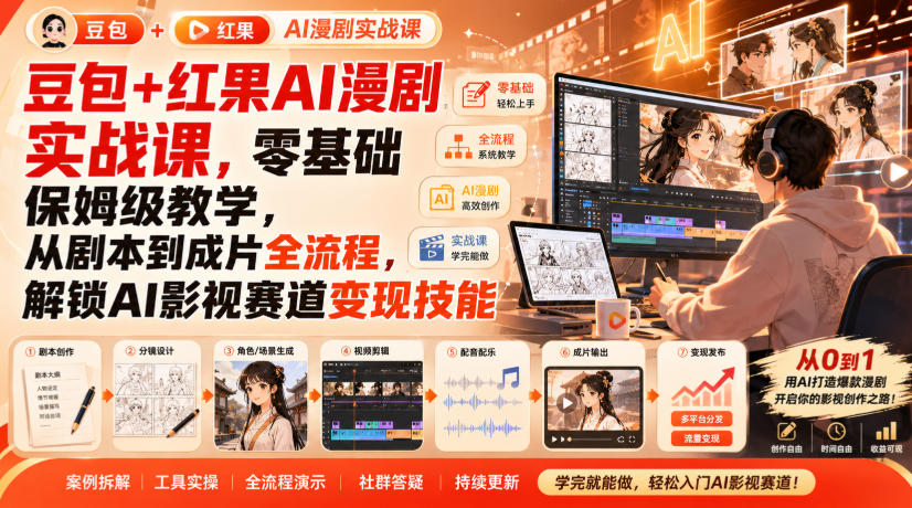 豆包+红果AI漫剧实战课,零基础保姆级教学,从剧本到成片全流程,解锁AI影视赛道变现技能-网赚36计
