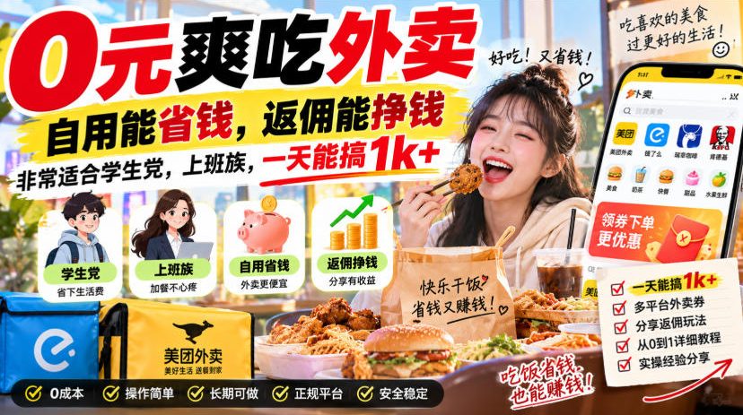 0元爽吃外卖，自用能省钱，返佣能挣钱，非常适合学生党，上班族，一天能搞1k+-网赚36计