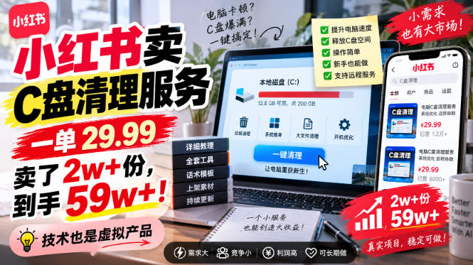 小红书卖C盘清理服务，一单29.99，卖了2w+份，技术也是虚拟产品-网赚36计