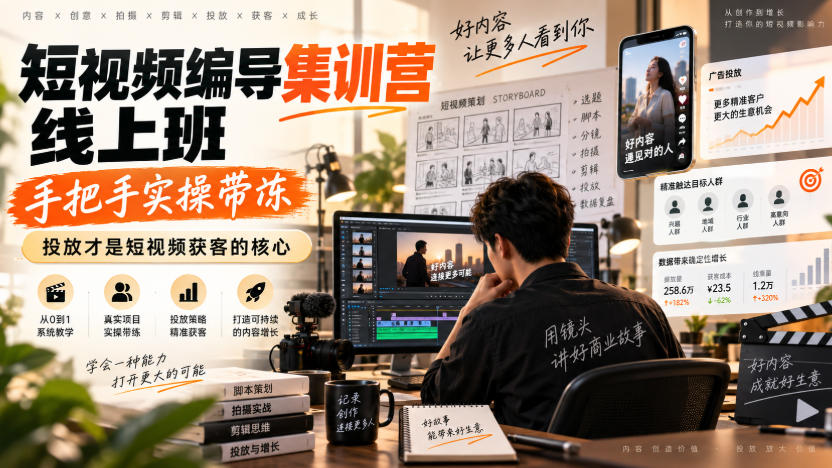 短视频编导集训营线上班，手把手实操带冻，投放才是短视频获客的核心-网赚36计