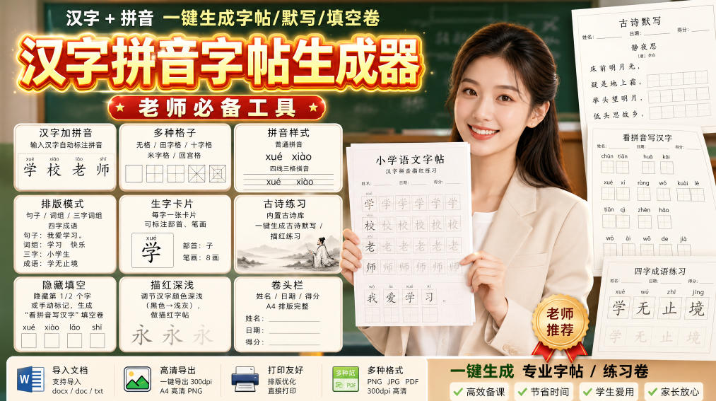 学习神器,汉字拼音字帖生成器,汉字+拼音 一键生成字帖/默写/填空卷,支持词组、成语,老师、家长必备-网赚36计