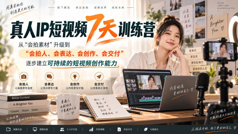 真人IP短视频7天训练营，从“会拍素材”升级到“会拍人、会表达、会创作、会交付”，逐步建立可持续的短视频创作能力-网赚36计