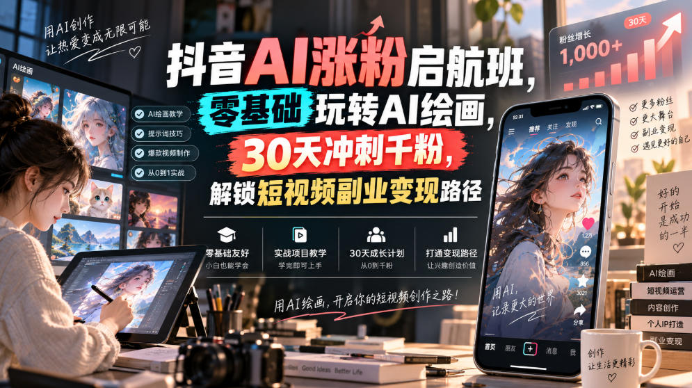 抖音AI涨粉启航班，零基础玩转AI绘画，30天冲刺千粉，解锁短视频副业变现路径-网赚36计