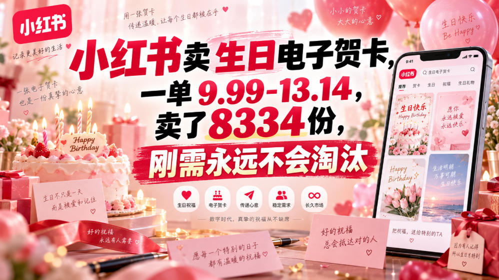 小红书卖生日电子贺卡，一单9.99-13.14，卖了8334份，刚需永远不会淘汰-网赚36计