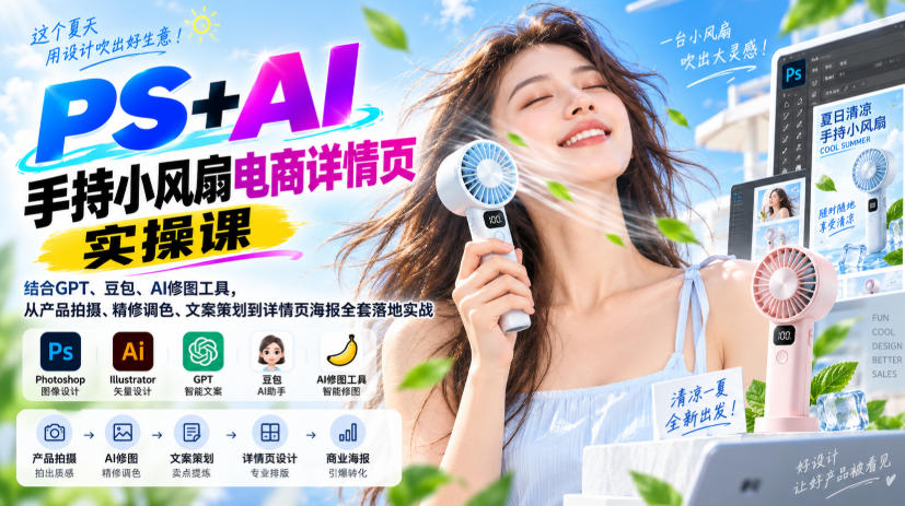 PS+AI手持小风扇电商详情页实操课｜结合GPT、豆包、AI修图工具，从产品拍摄、精修调色、文案策划到详情页海报全套落地实战-网赚36计