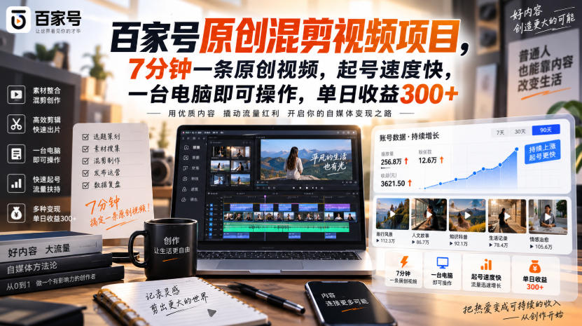 百家号原创混剪视频项目，7分钟一条原创视频，起号速度快，一台电脑即可操作，单日收益300+-网赚36计