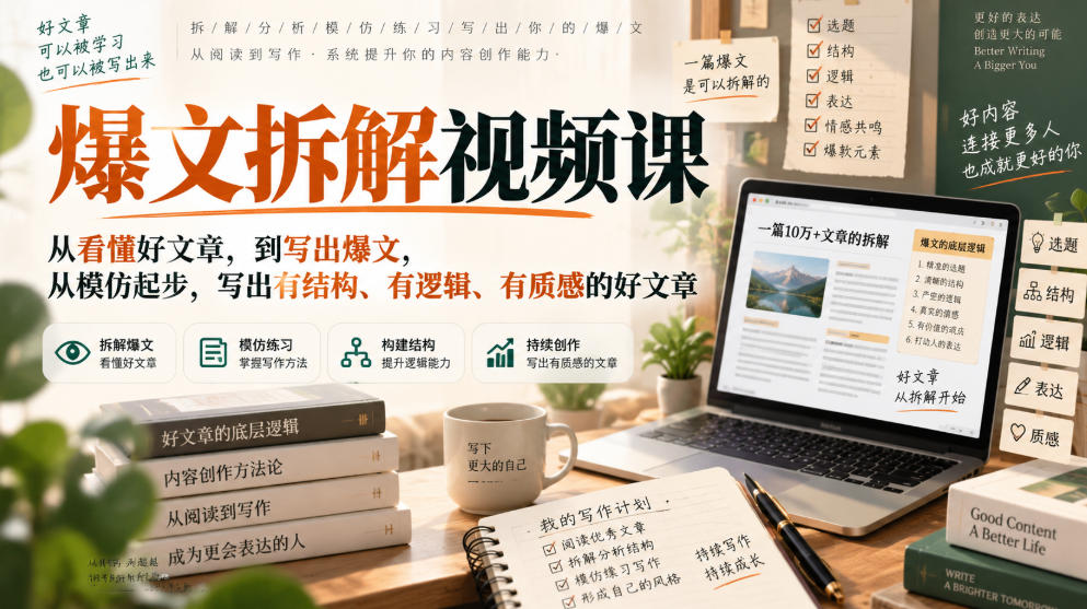 爆文拆解视频课，从看懂好文章，到写出爆文，从模仿起步，写出有结构、有逻辑、有质感的好文章-网赚36计
