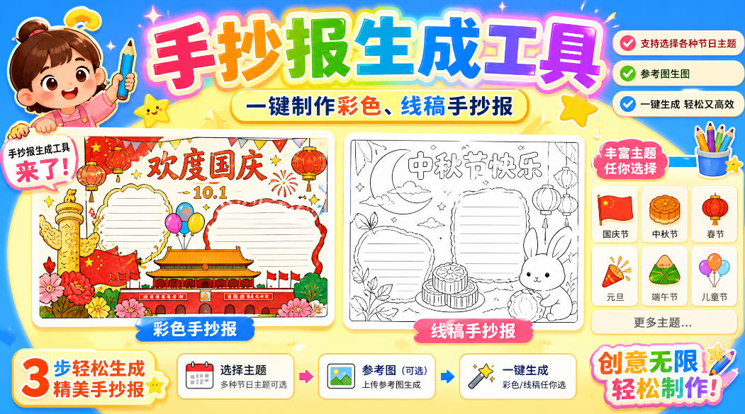 手抄报批量生成工具来了，完全免费，告别豆包生图，高清无水印-网赚36计