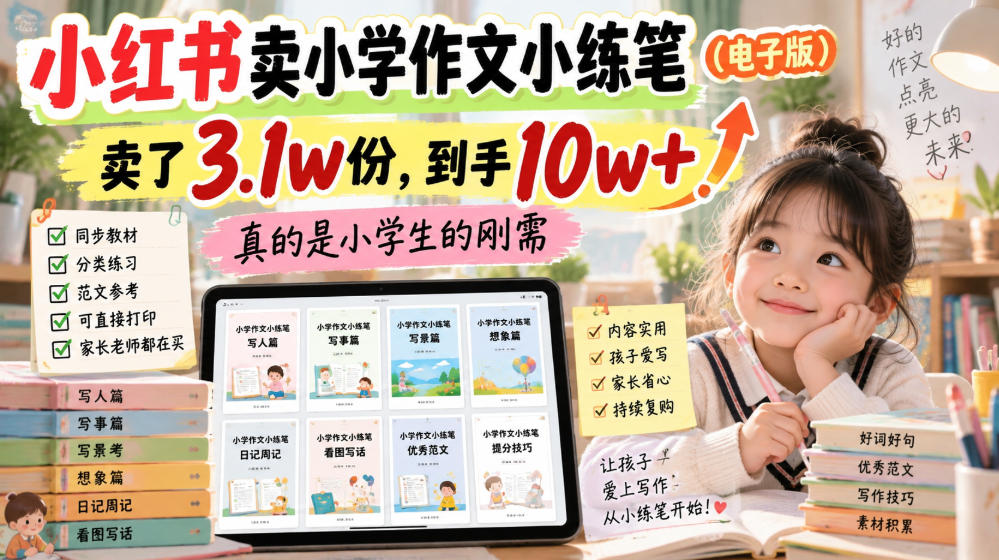 小红书卖小学作文小练笔(电子版),卖了3.1w份,到手10w+,真的是小学生的刚需-网赚36计