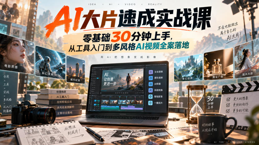 AI大片速成实战课｜零基础30分钟上手，从工具入门到多风格AI视频全案落地​-网赚36计