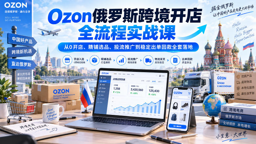 Ozon俄罗斯跨境开店全流程实战课｜从0开店、精铺选品、投流推广到稳定出单回款全套落地
