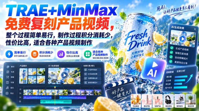 TRAE+MinMax免费复刻产品视频，整个过程简单易行，制作过程积分消耗少，性价比高，适合各种产品视频制作-网赚36计