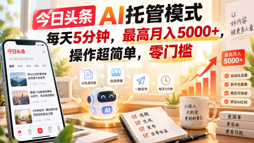 今日头条AI托管模式，每天5分钟，最高月入5000+，操作超简单，零门槛【揭秘】-网赚36计