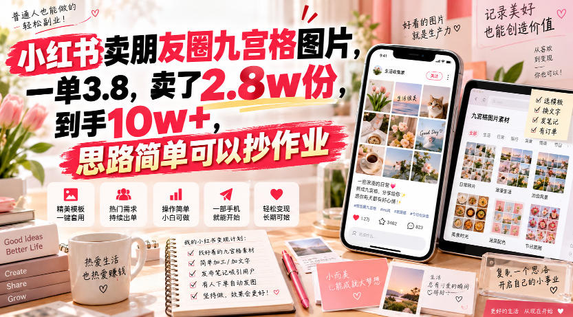 小红书卖朋友圈九宫格图片,一单3.8,卖了2.8w份,到手10w+,思路简单可以抄作业-网赚36计