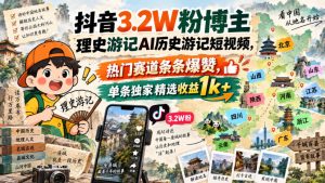 抖音3.2W粉博主理史游记AI历史游记短视频教学，热门赛道条条爆赞，单条独家精选收益1k+-网赚36计