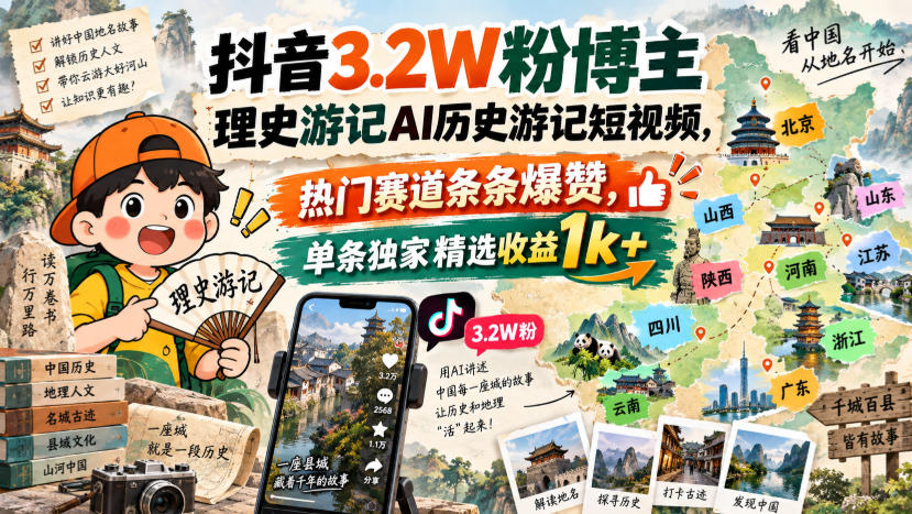 抖音3.2W粉博主理史游记AI历史游记短视频教学，热门赛道条条爆赞，单条独家精选收益1k+-网赚36计