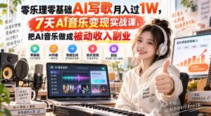 零乐理零基础AI写歌月入过1W，7天AI音乐变现实战课，把AI音乐做成被动收入副业-网赚36计