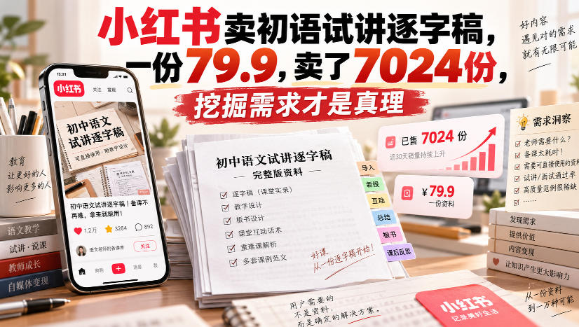 小红书卖初语试讲逐字稿，一份79.9，卖了7024份，挖掘需求才是真理-网赚36计