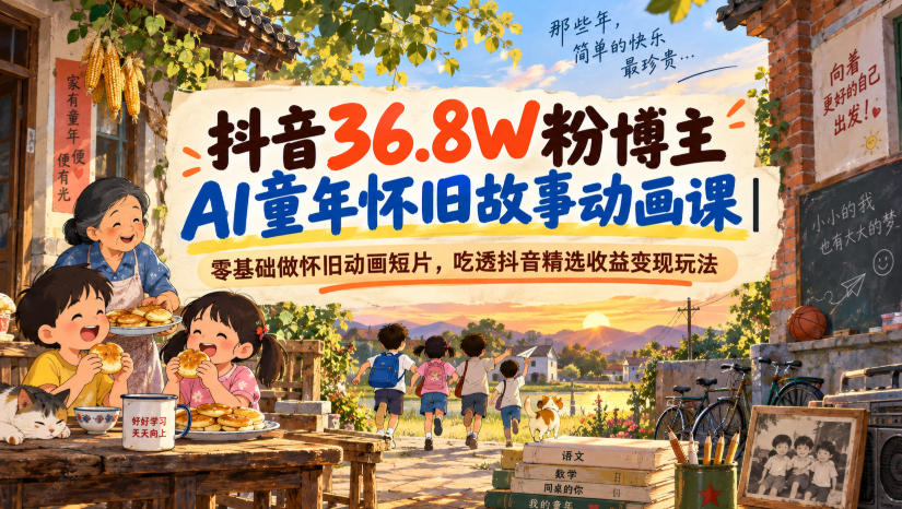 抖音36.8W粉博主AI童年怀旧故事动画课｜零基础做怀旧动画短片，吃透抖音精选收益变现玩法-网赚36计