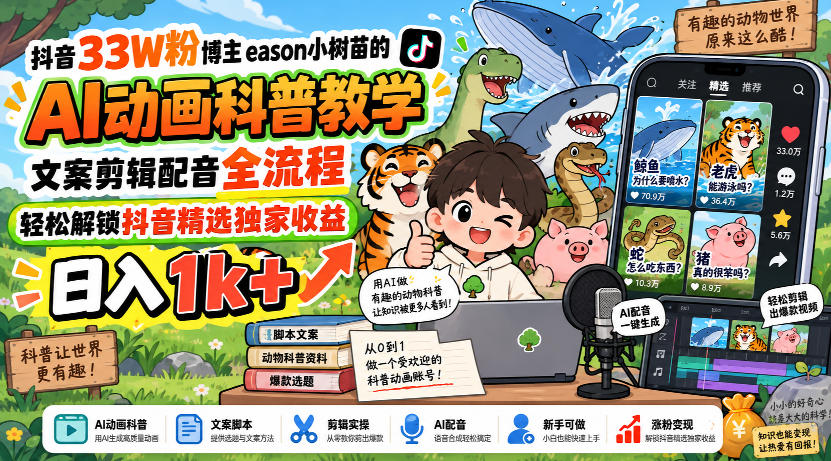 抖音33W粉博主eason小树苗的AI动画科普教学，文案剪辑配音全流程，轻松解锁抖音精选独家收益，日入1k+-网赚36计
