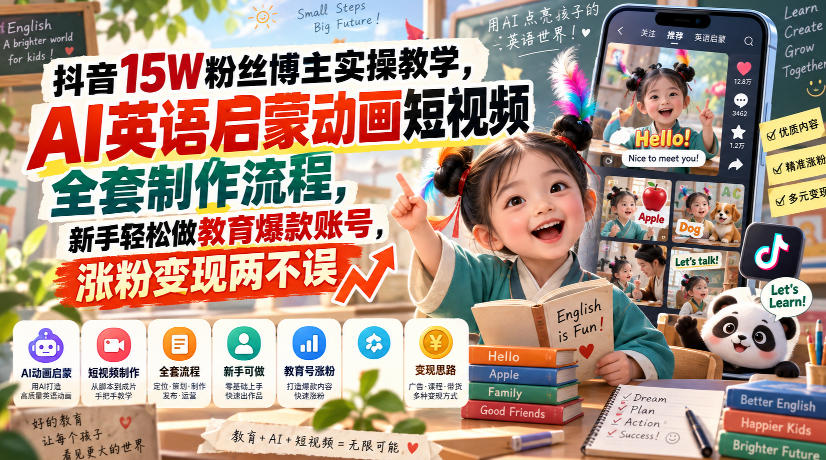 抖音15W粉丝博主实操教学，AI英语启蒙动画短视频全套制作流程，新手轻松做教育爆款账号，涨粉变现两不误-网赚36计