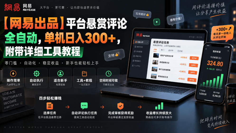 【网易出品】平台悬赏评论全自动，单机日入300+，附带详细工具教程【揭秘】-网赚36计