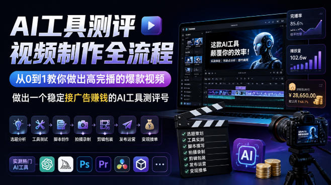 AI工具测评视频制作全流程，从0到1教你做出高完播的爆款视频，做出一个稳定接广告賺钱的AI工具测评号-网赚36计