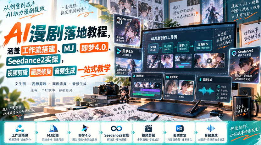AI漫剧落地教程，涵盖工作流搭建、MJ、即梦4.0、Seedance2实操，视频剪辑画质修复音频生成一站式教学-网赚36计