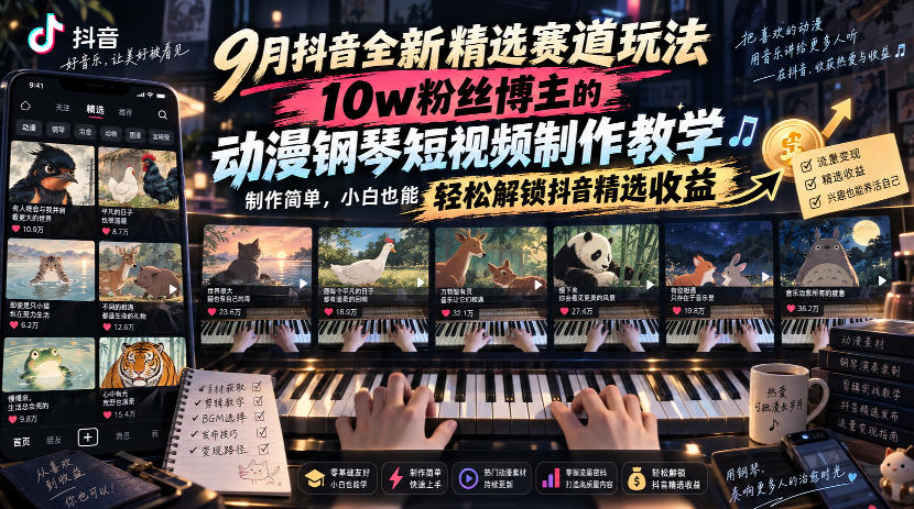 9月抖音全新精选赛道玩法，10w粉丝博主的动漫钢琴短视频制作教学，制作简单，小白也能轻松解锁抖音精选收益-网赚36计