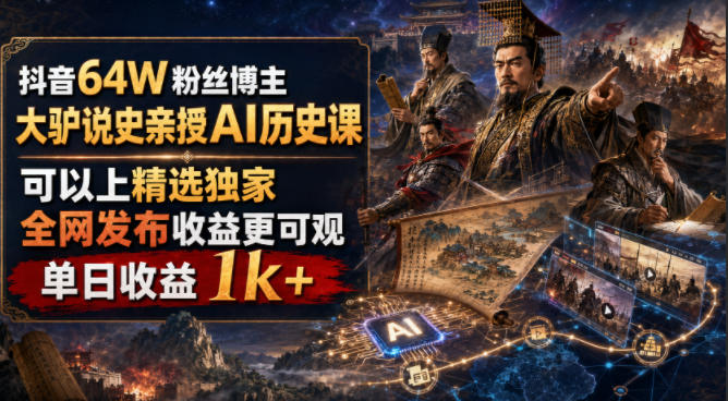抖音64W粉丝博主大驴说史亲授AI历史课，可以上精选独家，全网发布收益更可观，单日收益1k+（更新）-网赚36计