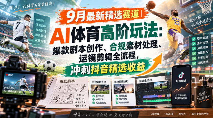 某大佬的9月最新精选赛道之AI体育顶级玩法，爆款剧本创作、版权规避、运镜剪辑全流程，稳拿抖音精选收益-网赚36计