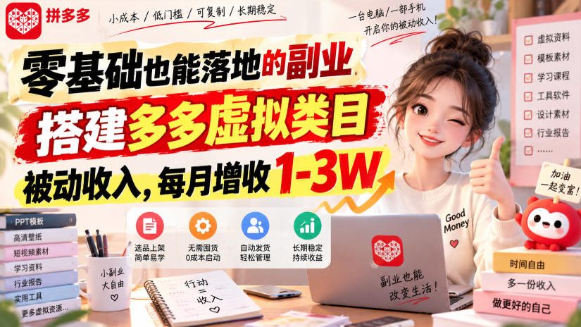 零基础也能落地的副业,搭建多多虚拟类目被动收入,每月增收1-3W【揭秘】-网赚36计