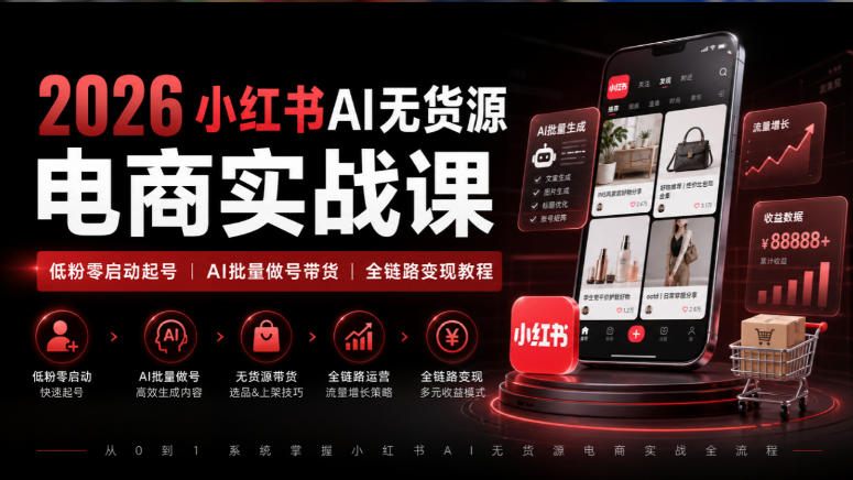 2026小红书AI无货源电商实战课｜低粉零启动起号｜AI批量做号带货全链路变现教程-网赚36计