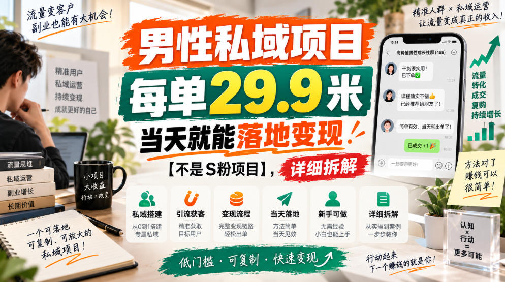 男性私域项目，每单29.9米，当天就能落地变现【不是S粉项目】，详细拆解-网赚36计