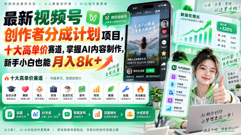 最新视频号创作者分成计划项目，十大高单价赛道，掌握AI内容制作，新手小白也能月入8k+-网赚36计