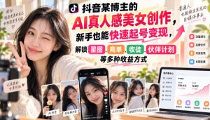抖音某博主的AI真人感美女创作，新手也能快速起号变现，解锁星图，商单，收徒，伙伴计划等多种收益方式-网赚36计