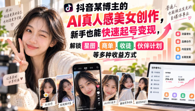 抖音某博主的AI真人感美女创作，新手也能快速起号变现，解锁星图，商单，收徒，伙伴计划等多种收益方式-网赚36计