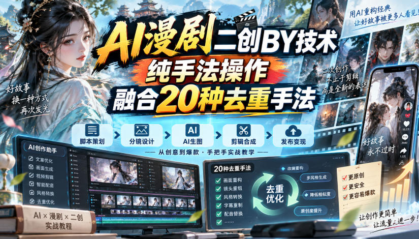 AI漫剧二创搬运技术，纯手法操作，融合20种去重手法-网赚36计
