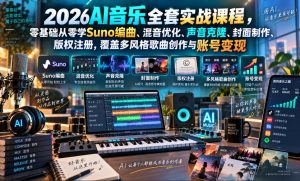 2026AI音乐实战课程，零基础从零学Suno编曲、混音优化、声音克隆、版权注册，覆盖多风格歌曲创作与账号变现-网赚36计