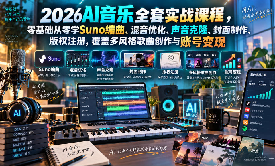 2026AI音乐实战课程,零基础从零学Suno编曲、混音优化、声音克隆、版权注册,覆盖多风格歌曲创作与账号变现-网赚36计