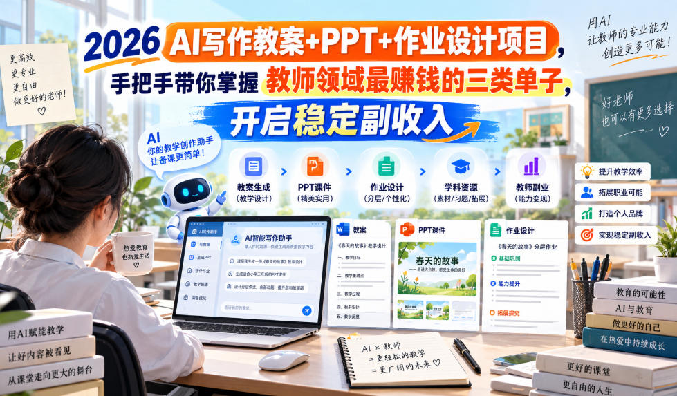 2026 AI写作教案+PPT+作业设计项目,手把手带你掌握教师领域最賺钱的三类单子,开启稳定副收入-网赚36计