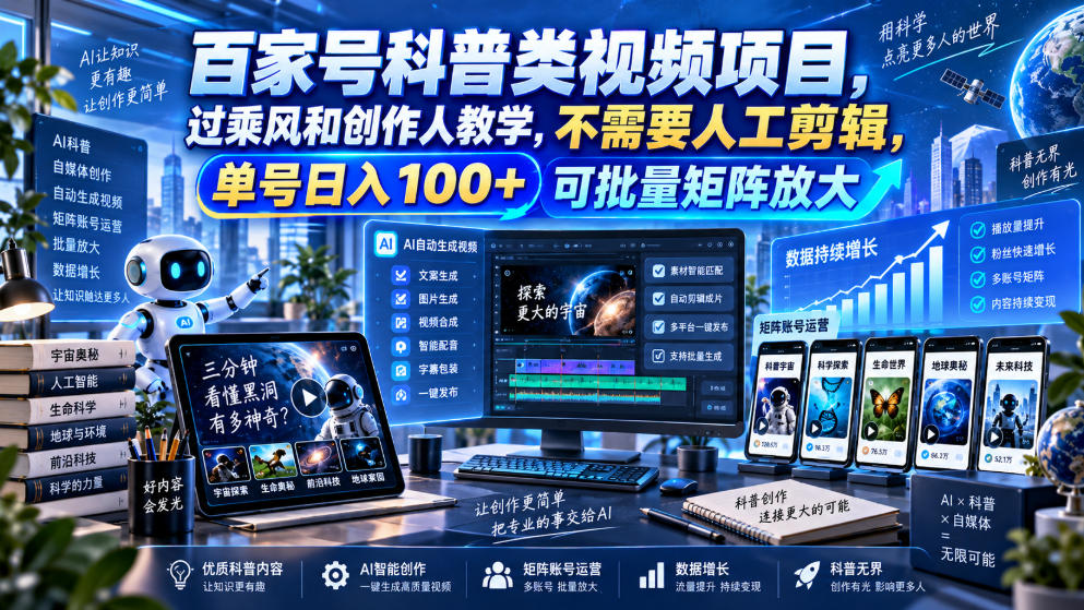 百家号科普类视频项目，过乘风和创作人教学，不需要人工剪辑，单号日入100+可批量矩阵放大-网赚36计