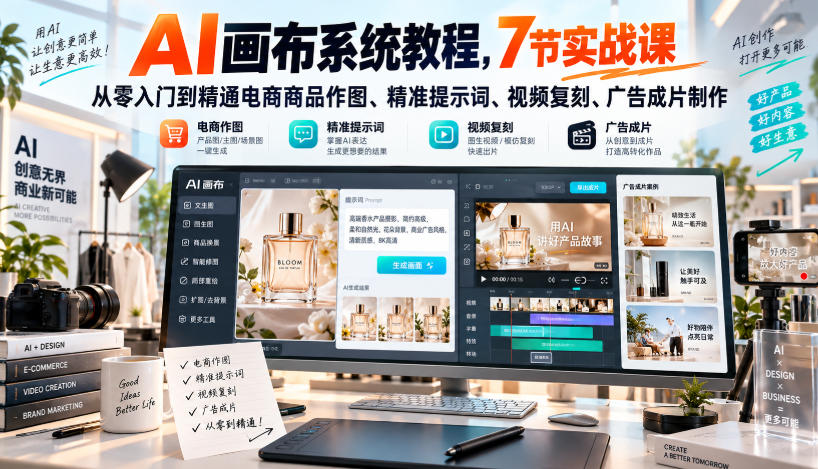 AI画布系统教程，7节实战课从零入门到精通电商商品作图、精准提示词、视频复刻、广告成片制作-网赚36计