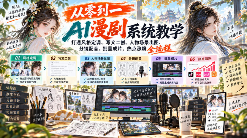 从零到一AI漫剧系统教学，打通风格定调、写文二创、人物场景出图、分镜配音、批量成片、热点涨粉全流程-网赚36计