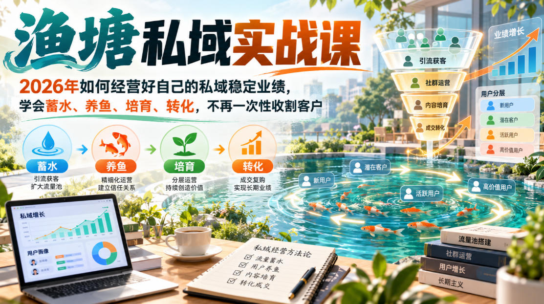 渔塘私域实战课，2026年如何经营好自己的私域稳定业绩，学会蓄水、养鱼、培育、转化，不再一次性收割客户-网赚36计