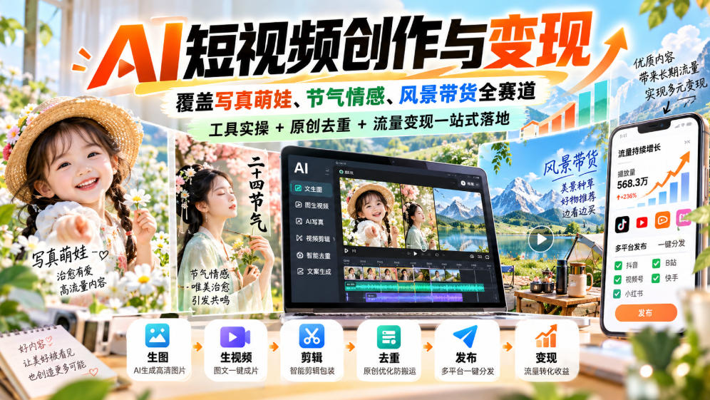 AI短视频创作与变现，覆盖写真萌娃、节气情感、风景带货全赛道，工具实操+原创去重+流量变现一站式落地-网赚36计