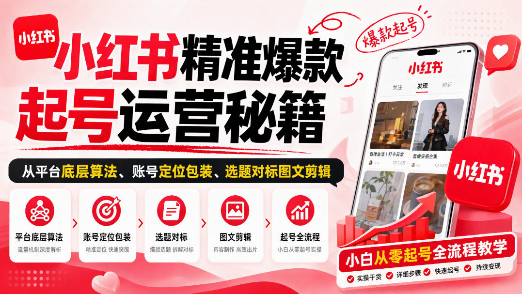 小红书精准爆款起号运营秘籍，从平台底层算法、账号定位包装、选题对标图文剪辑，小白从零起号全流程-网赚36计