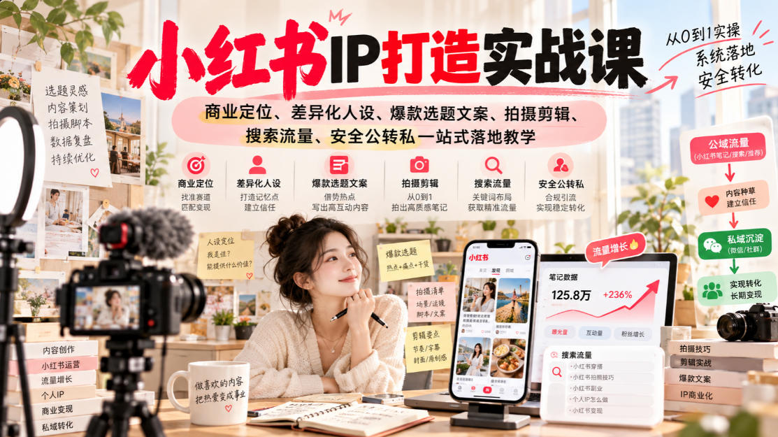 小红书ip打造实战课，商业定位、差异化人设、爆款选题文案、拍摄剪辑、搜索流量、安全公转私一站式落地教学-网赚36计