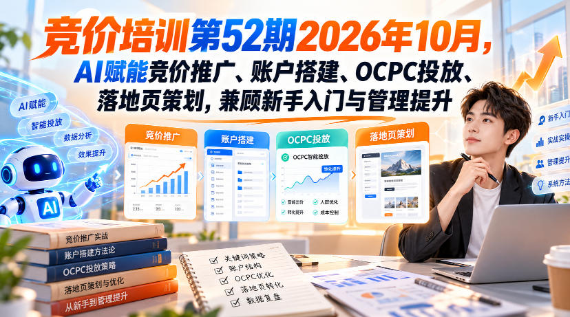 【无水印】竞价培训第52期2026年10月，AI赋能竞价推广、账户搭建、OCPC投放、落地页策划，兼顾新手入门与管理提升-网赚36计